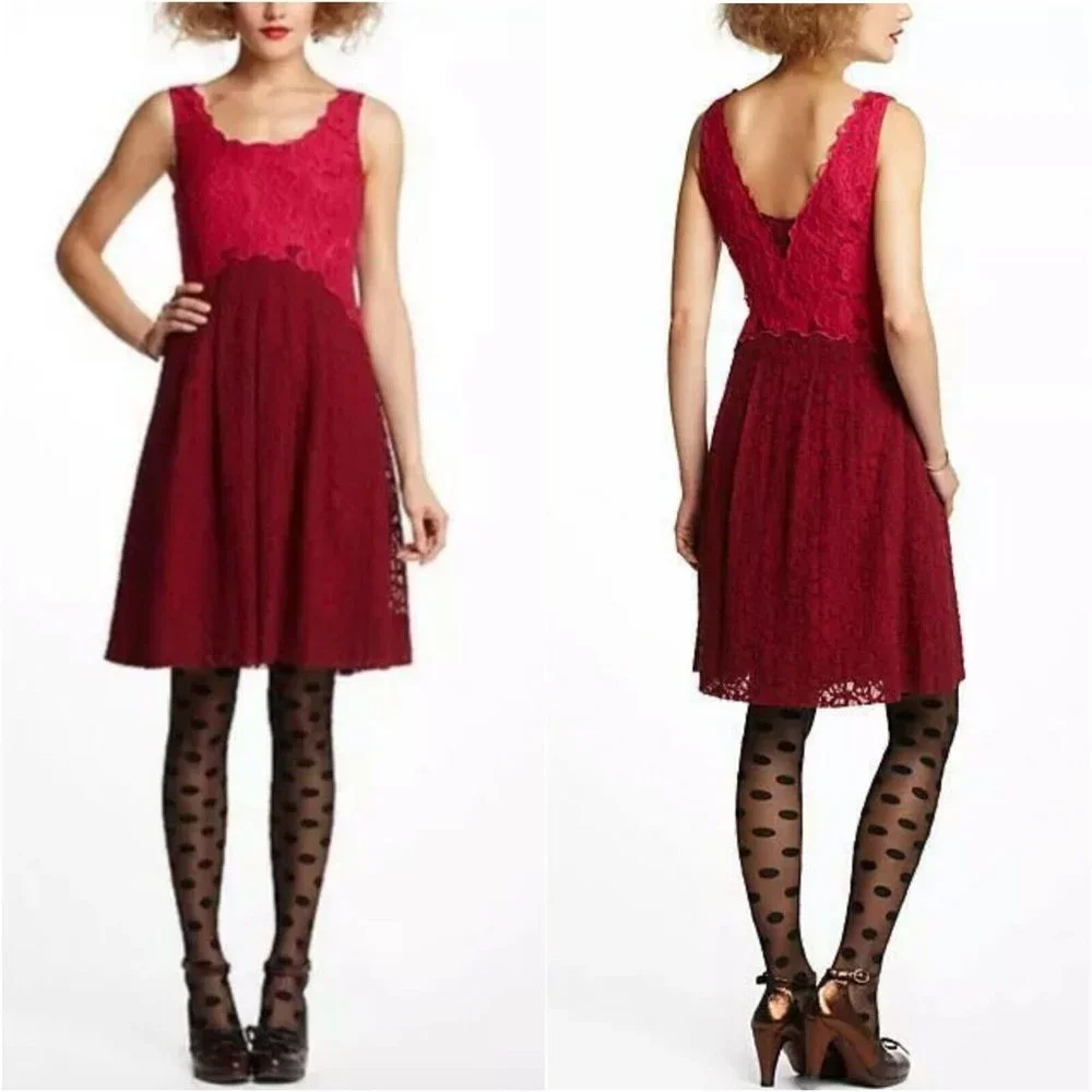 Anthropologie Moulinette Soeurs Carmindy Dress Red Lace Sleeveless - Picture 1 of 10